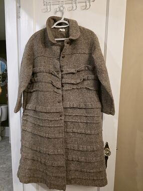 Classic Taupe Ruffle-Detail Wool Trench Coat